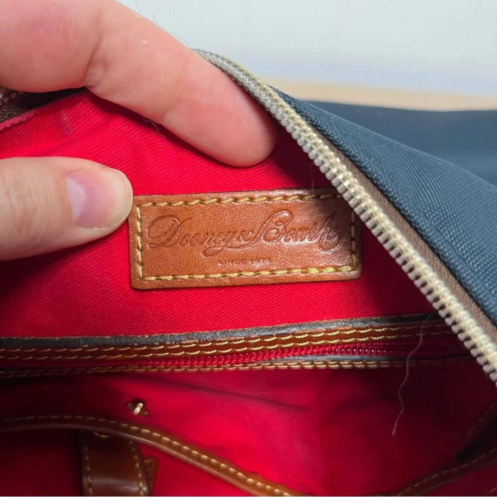 Dooney & Burke Blue Nylon Crossbody Bag with Brown Leather Details Zip Closure